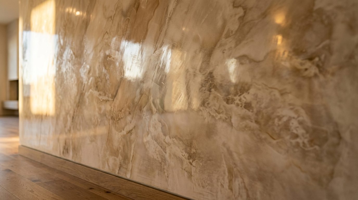 Venetian plaster wall — mirror-polished Italian lime plaster with warm, marbled depth — installed by The Shirtless Handyman in New Orleans